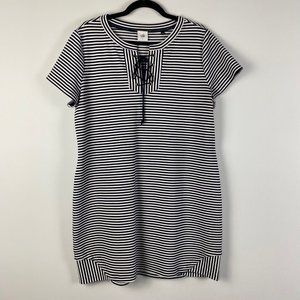 CAbi Captains Dress Size L Blue White Striped Lace-Up Shift 5268 Nautical